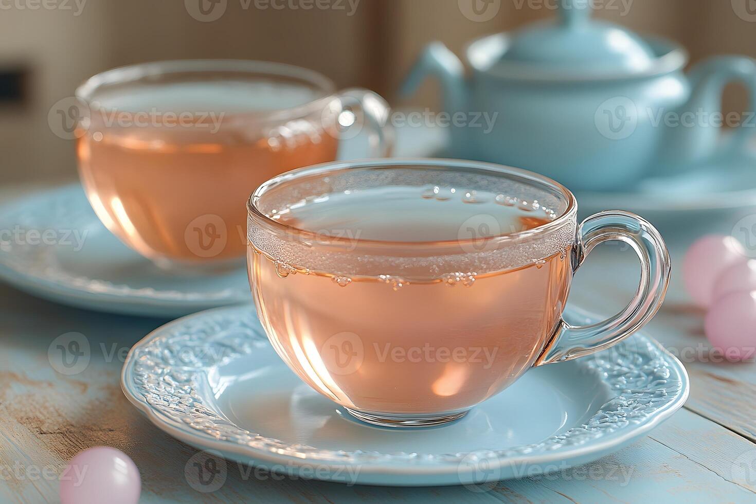 Elegant Tea Setting with Delicate Blue Porcelain Cups and Teapot photo