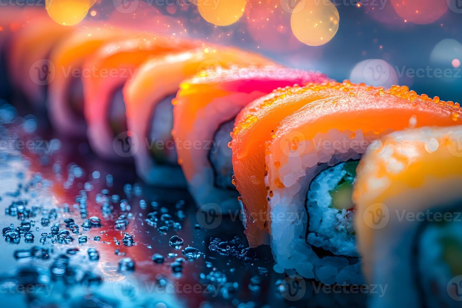 Vibrant Sushi Roll Display with Salmon and Avocado on Reflective Surface photo