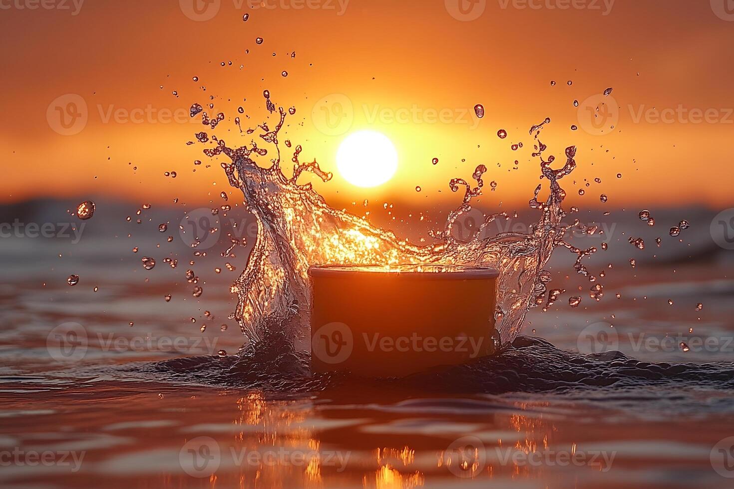 Splashing Water in Sunset Glow Tranquil Ocean Scene for Summer Vibes and Relaxation photo