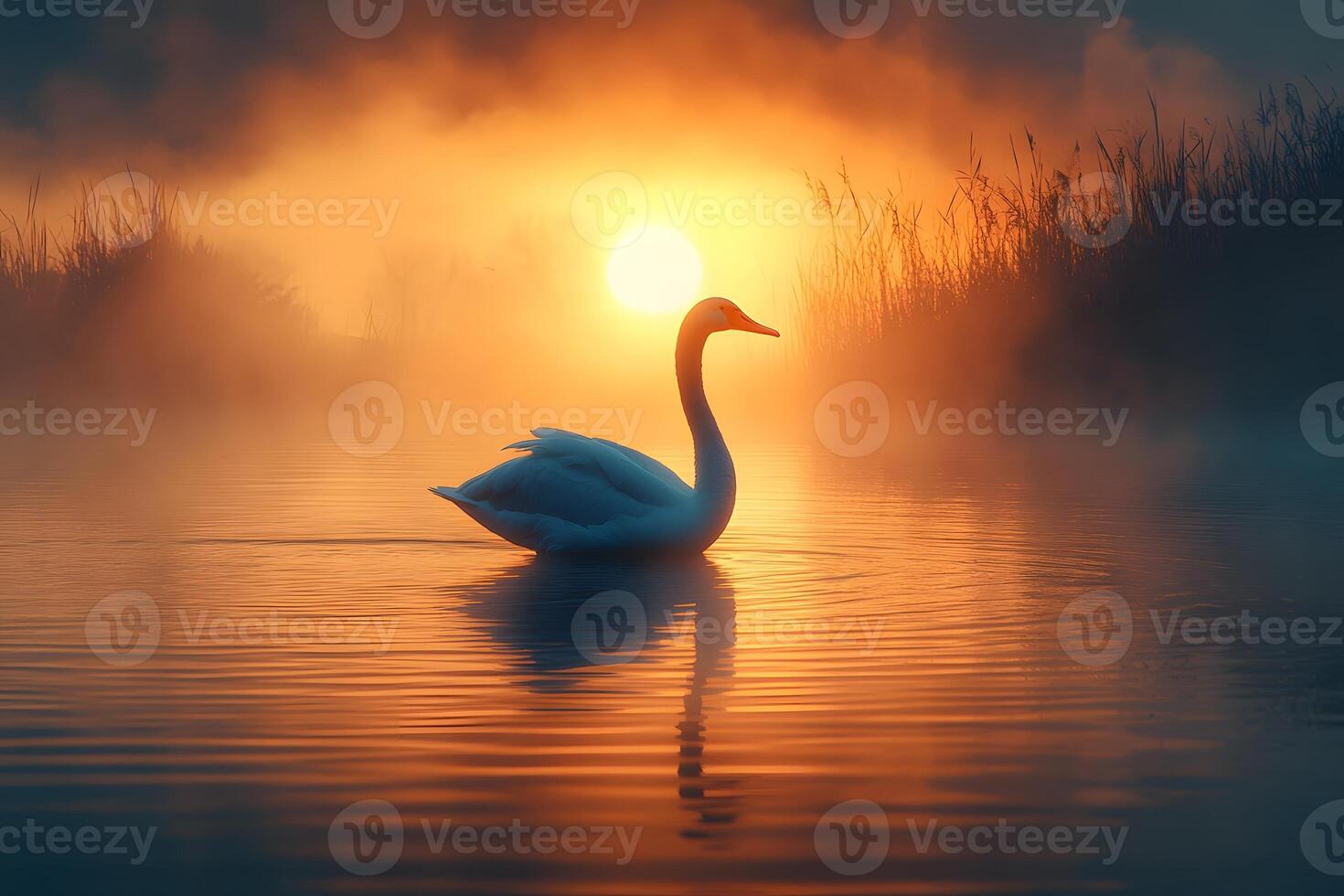 Serene Swan in Tranquil Sunrise Waters with Misty Reflections photo