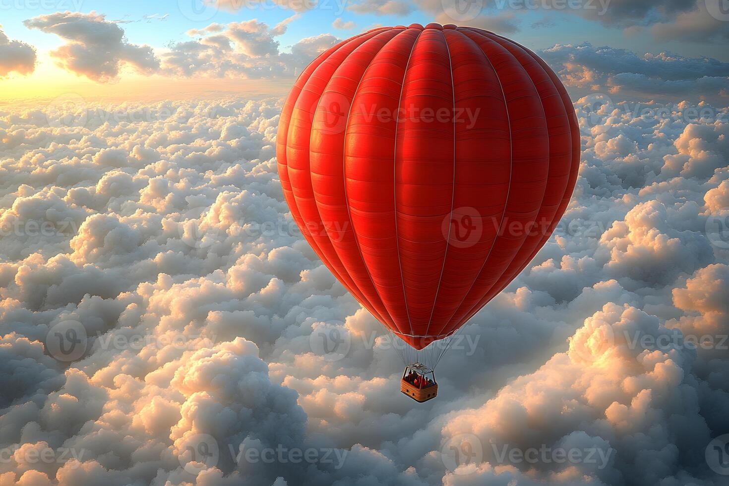 Vibrant Red Hot Air Balloon Soaring Through Majestic Cloudscape at Sunrise photo