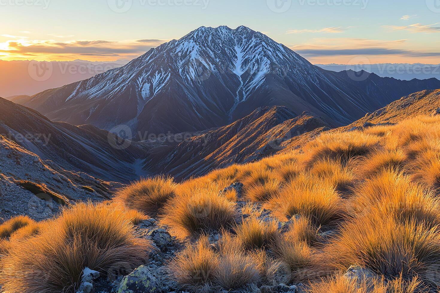 Majestic Mountain Landscape at Sunrise Highlighting Golden Grass and Snow-Capped Peaks photo