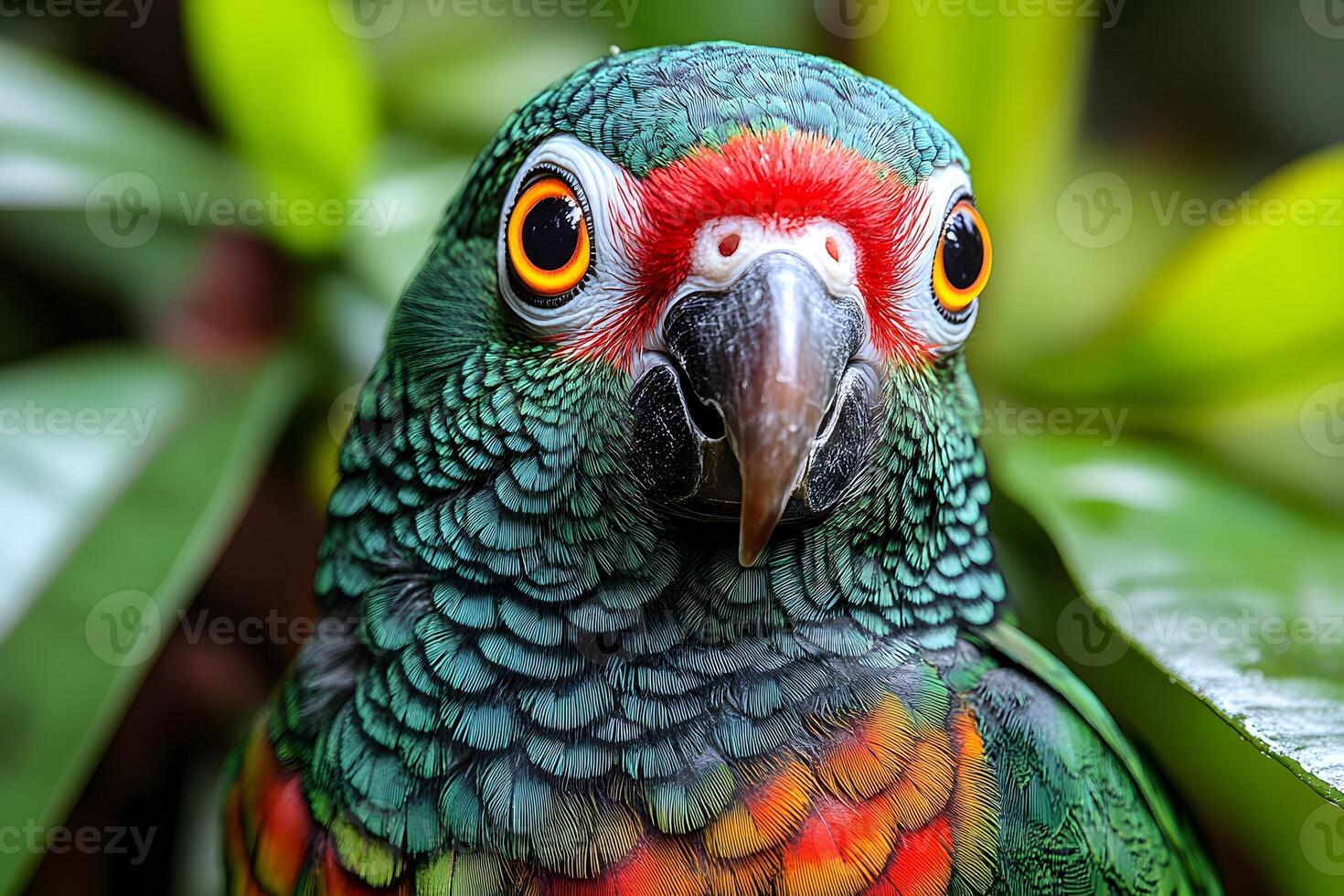 Vibrant Parrot Portrait with Lush Greenery for Wildlife and Nature Enthusiasts photo