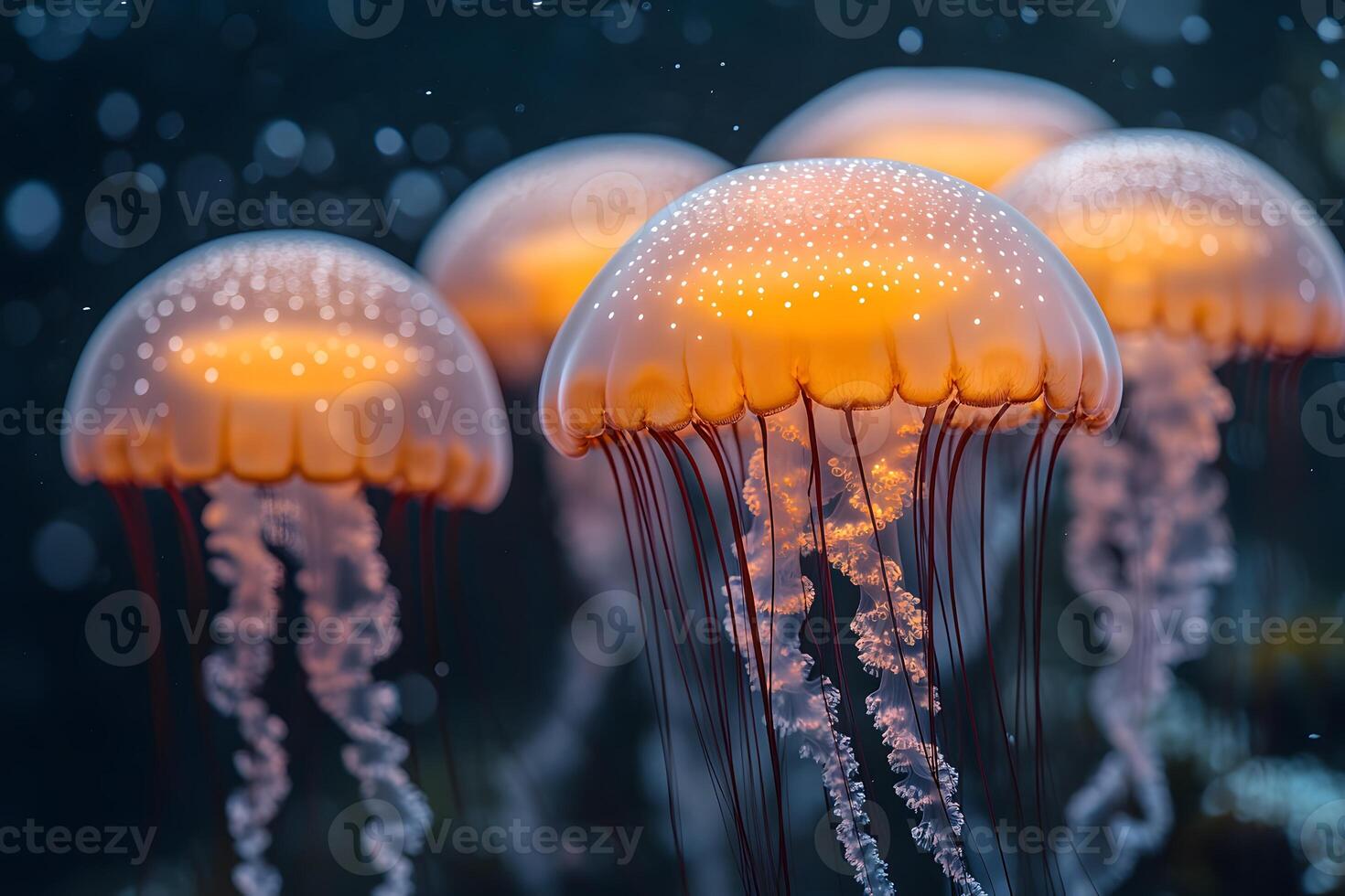 Enchanting Underwater Scene with Glowing Jellyfish in Ocean Depths photo