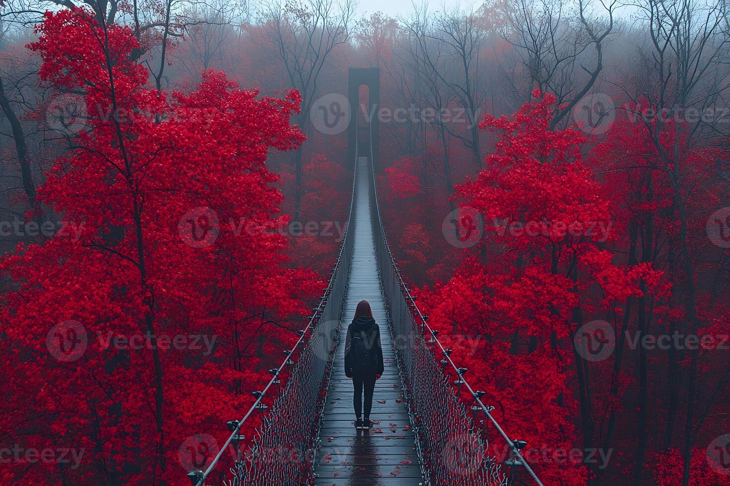 Solitary Walk on Suspended Bridge Amidst Misty Autumn Forest with Red Foliage photo