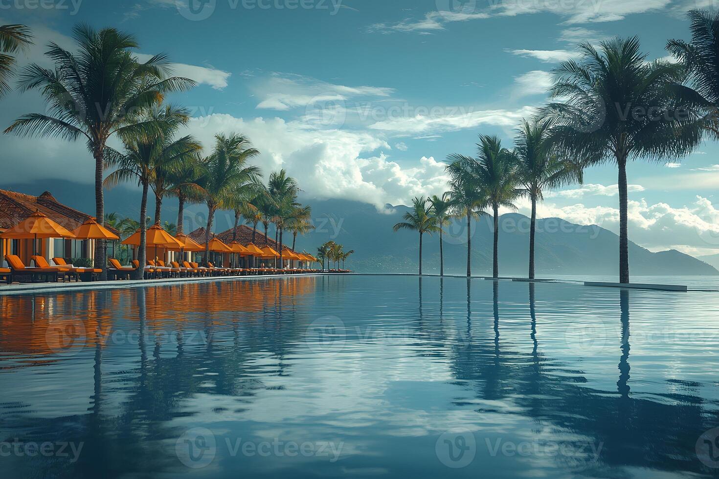 Tropical Resort Pool with Mountain View at Sunset - Ideal for Travel, Leisure, and Vacation Designs photo