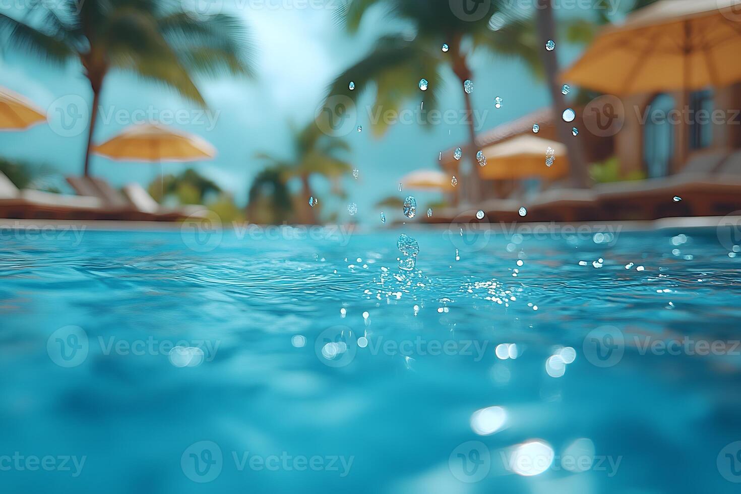 Refreshing Splash in a Tropical Resort Pool with Palm Trees and Sun Loungers photo