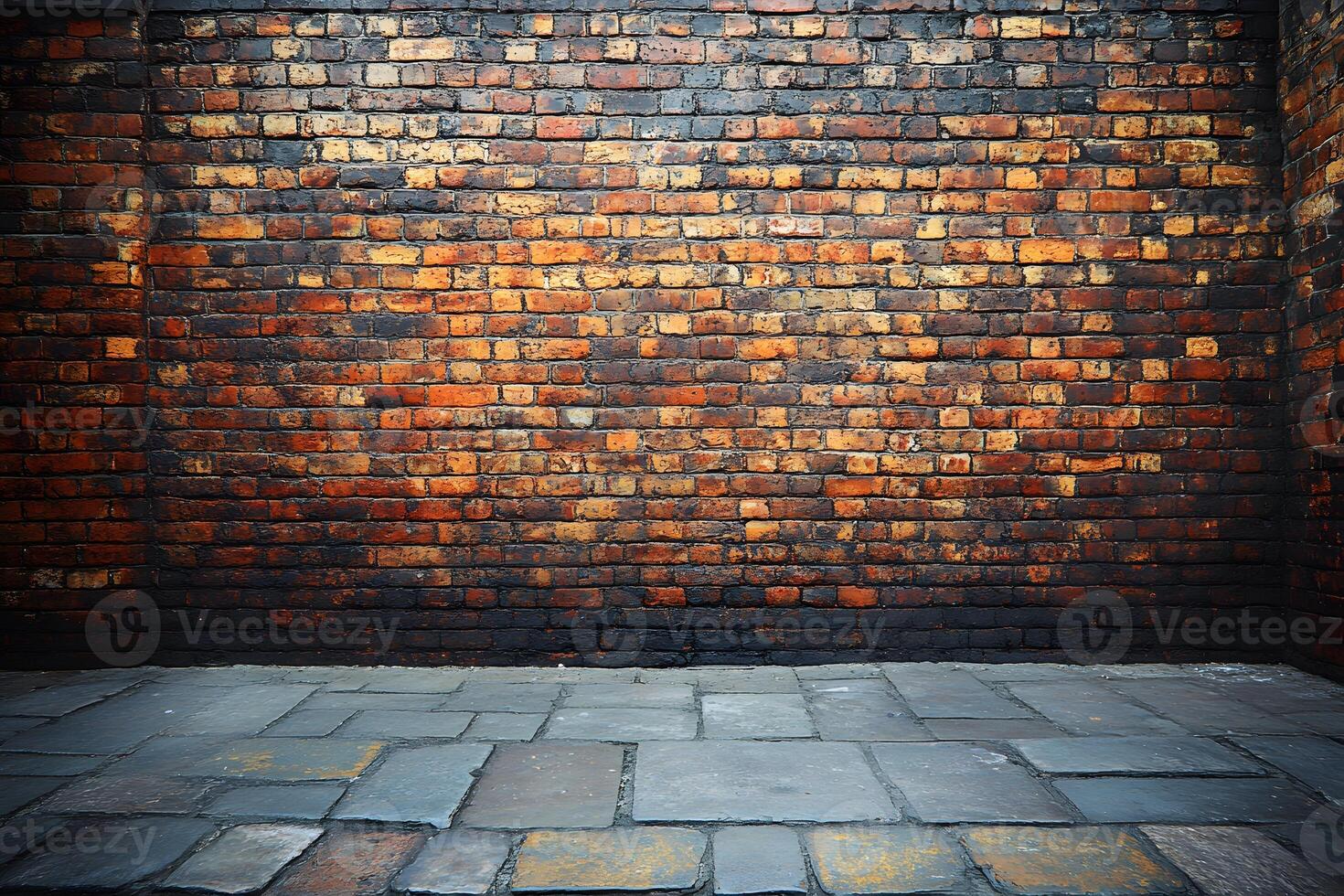 Rustic Brick Wall with Stone Pavement for Urban Backdrop and Texture Design photo