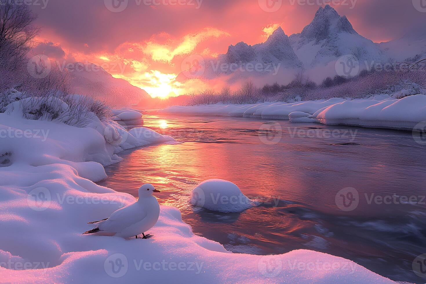 Serene Snowy Landscape at Sunrise with Majestic Mountains and River photo
