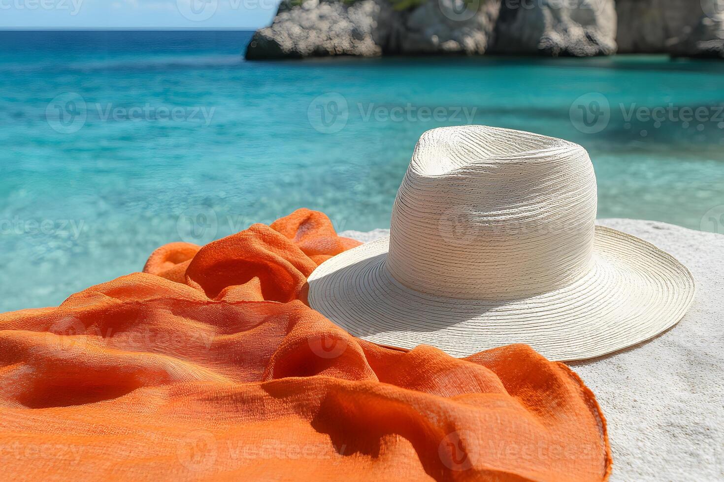Tranquil Summer Escape by the Sea - Straw Hat and Orange Scarf on Rocky Shore photo