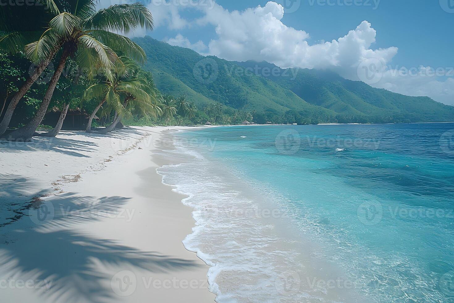 Serene Tropical Beach with Palm Trees and Turquoise Waters for Travel and Relaxation Themes photo