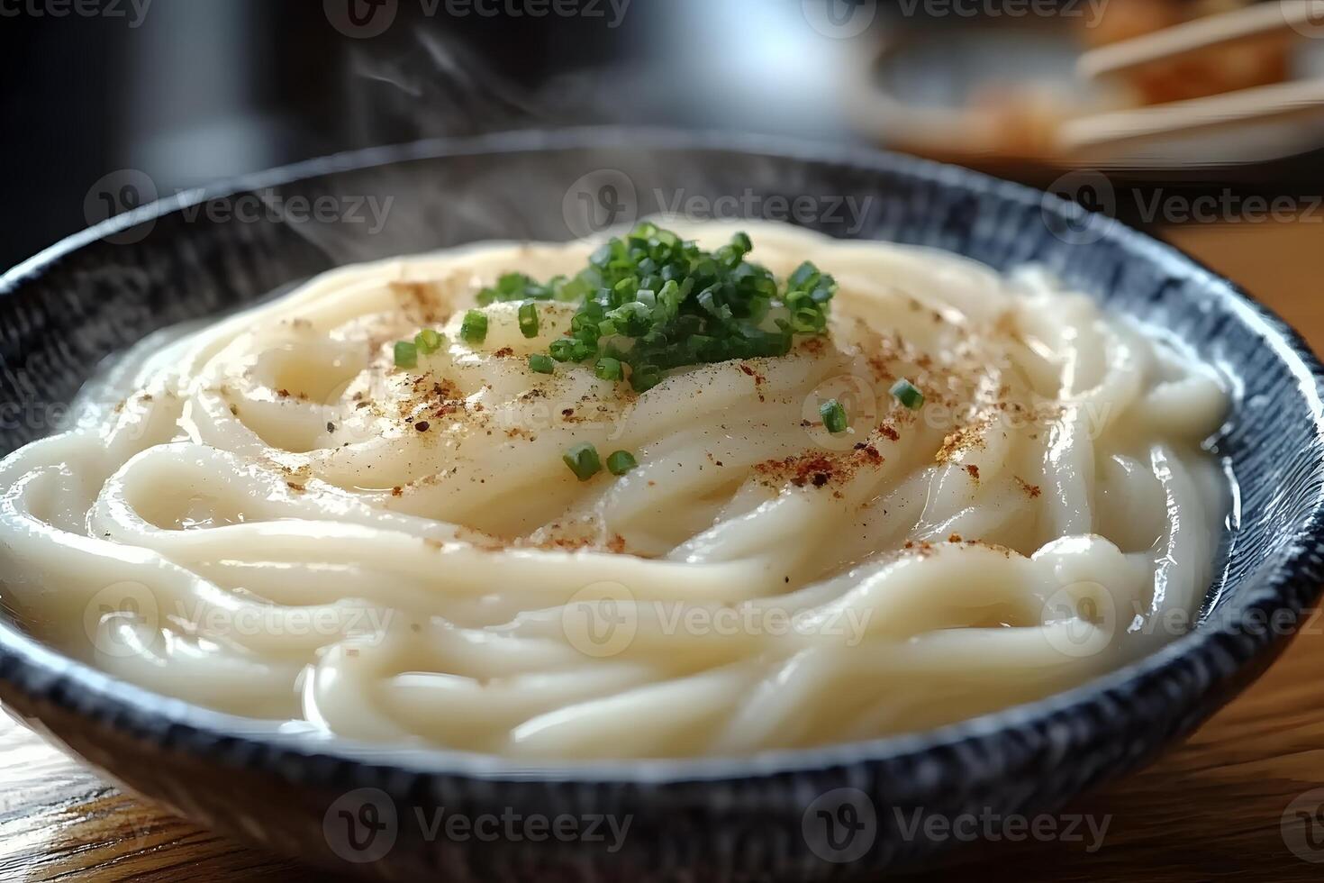 Steaming Japanese Udon Noodles with Chives and Seasoning - Perfect for Culinary Posters photo
