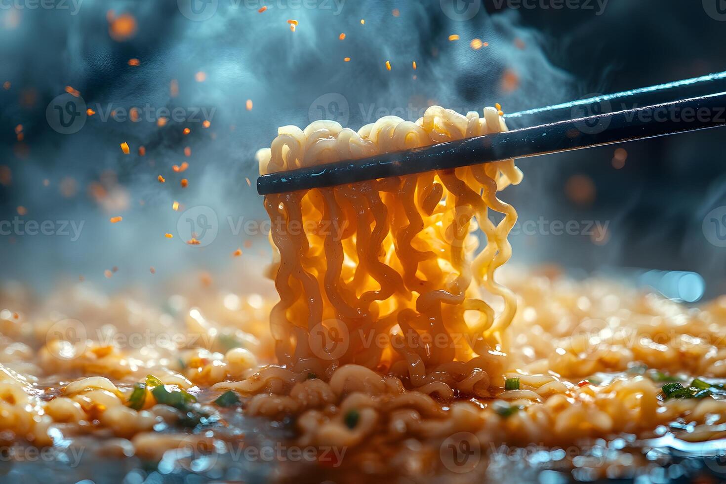 Steaming Hot Noodles in Dramatic Lighting for Culinary Art photo