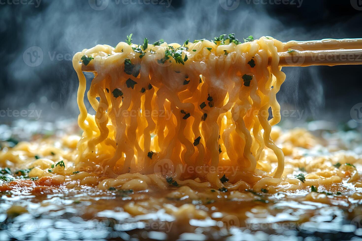 Steaming Hot Ramen Noodles with Chopsticks and Fresh Garnish for Food Photography photo