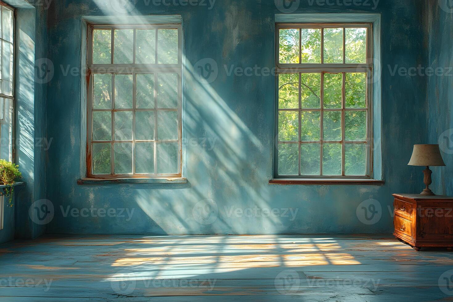 Sunlit Serenity in a Rustic Room with Blue Walls and Vintage Furniture photo