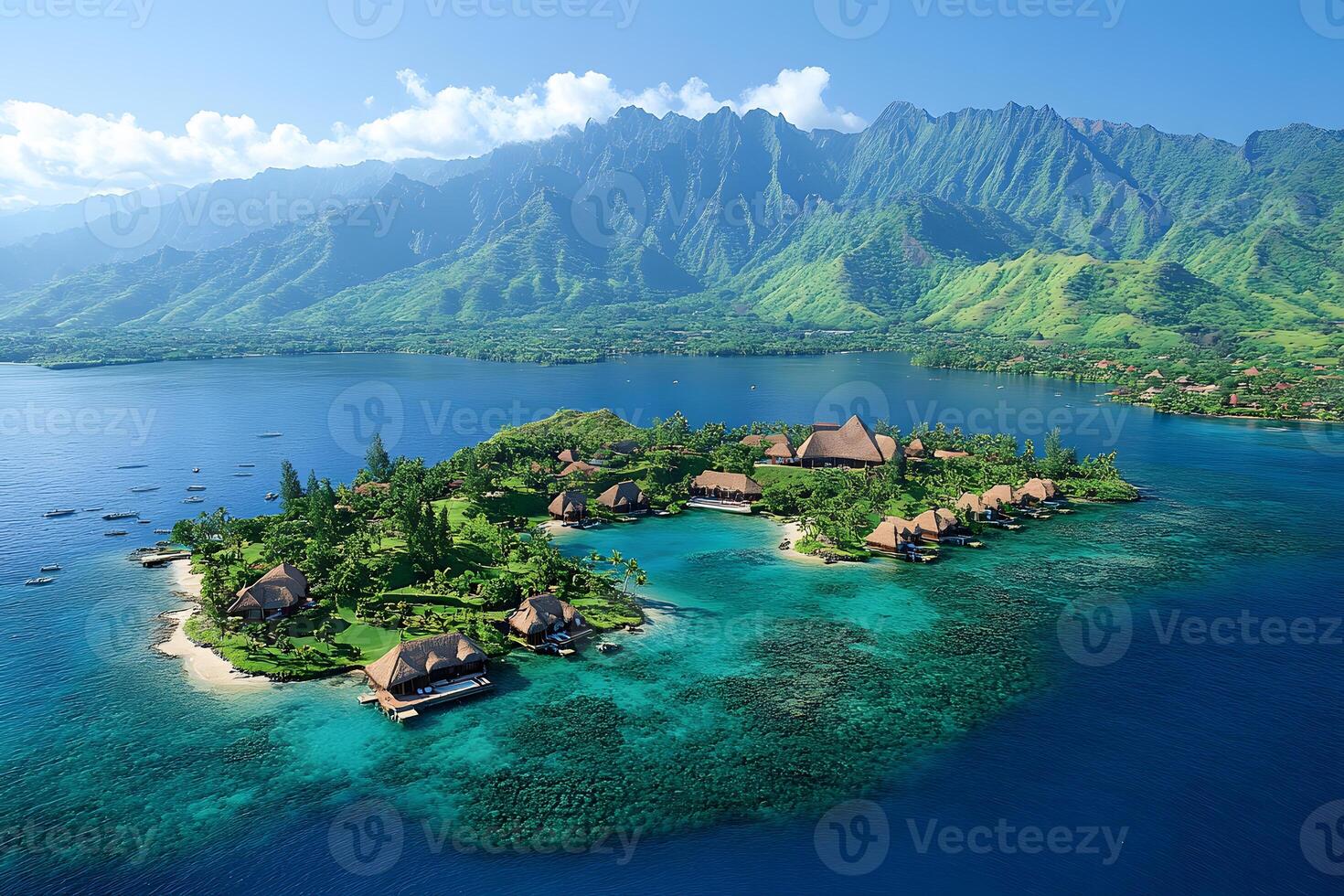 Tropical Island Paradise with Lush Mountains and Crystal Clear Waters for Travel and Adventure photo