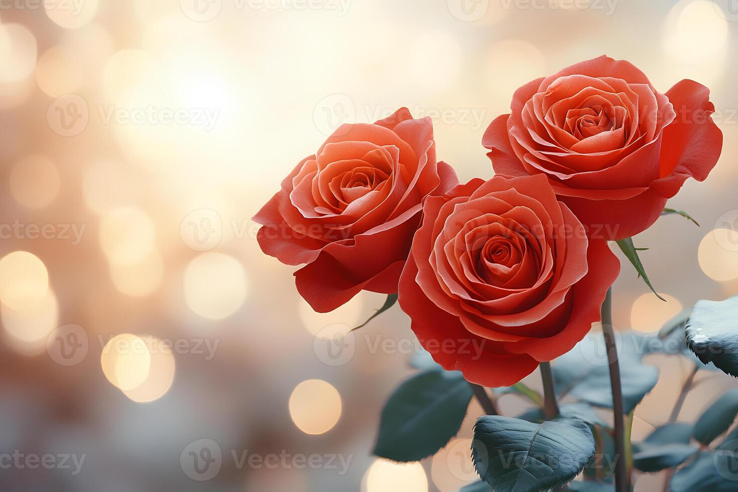 Elegant Trio of Red Roses with Soft Bokeh Background for Romantic Designs photo