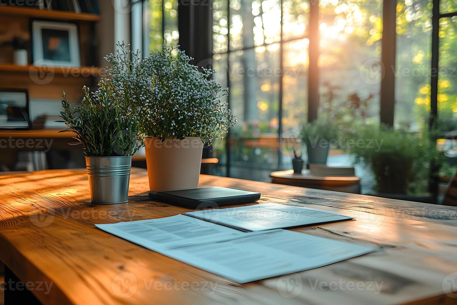 Peaceful Workspace with Sunlit Plants and Documents for Productive Creativity photo