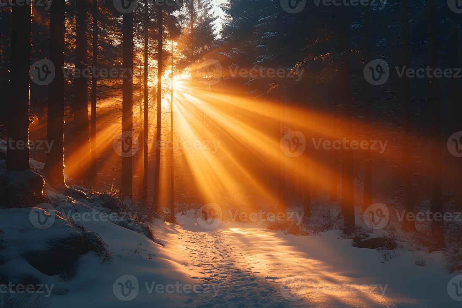 Winter Sunrise in Forest with Radiant Sunbeams through Trees - Ideal for Nature Posters and Wall Art photo
