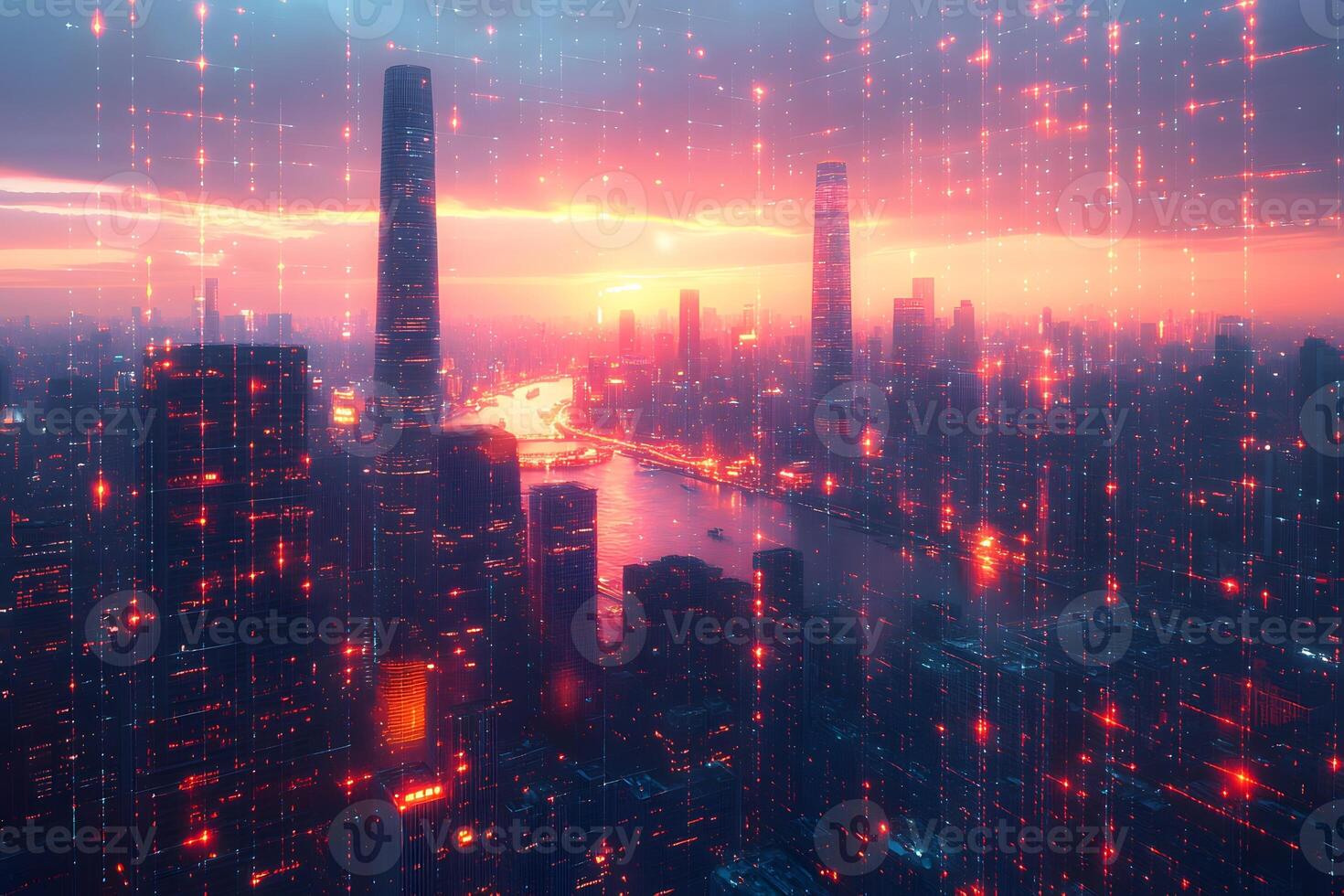Futuristic Cityscape at Sunset with Digital Grid Overlay for Sci-Fi Themes photo