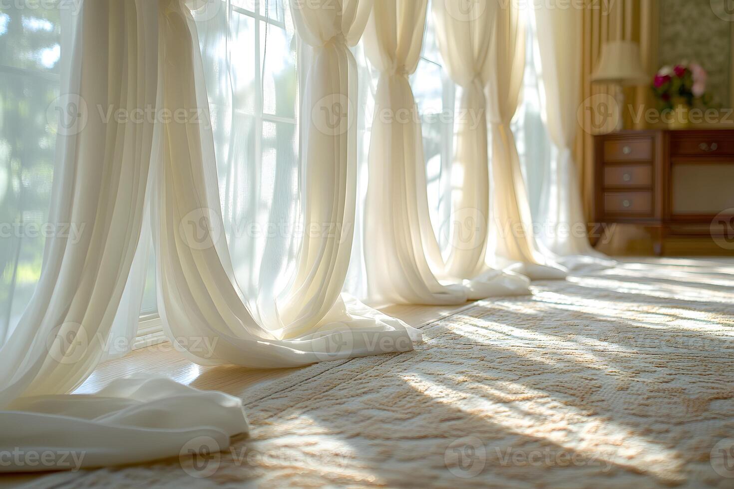 Serene Morning Light Streaming Through Elegant Sheer Curtains in Cozy Bedroom photo
