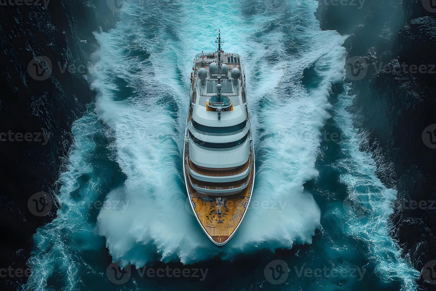 Luxurious Yacht Navigating Through a Narrow Ocean Passage with Dramatic Waves photo