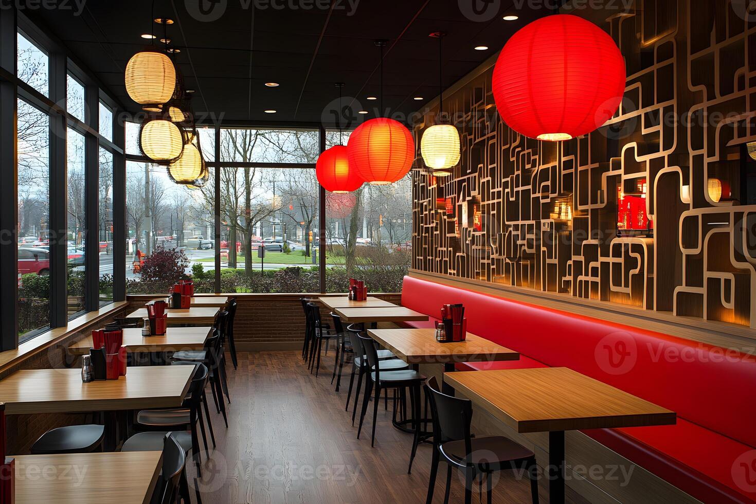 Modern Asian Restaurant Interior with Red Lanterns and Minimalist Design for Dining Spaces photo
