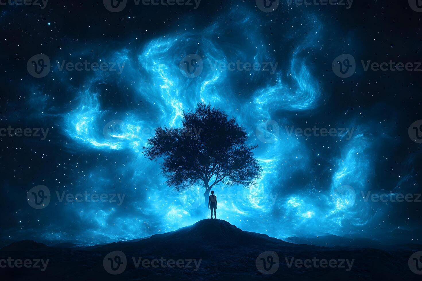 Lone Tree and Silhouette Against Cosmic Night Sky for Dreamy Surreal Art Design photo