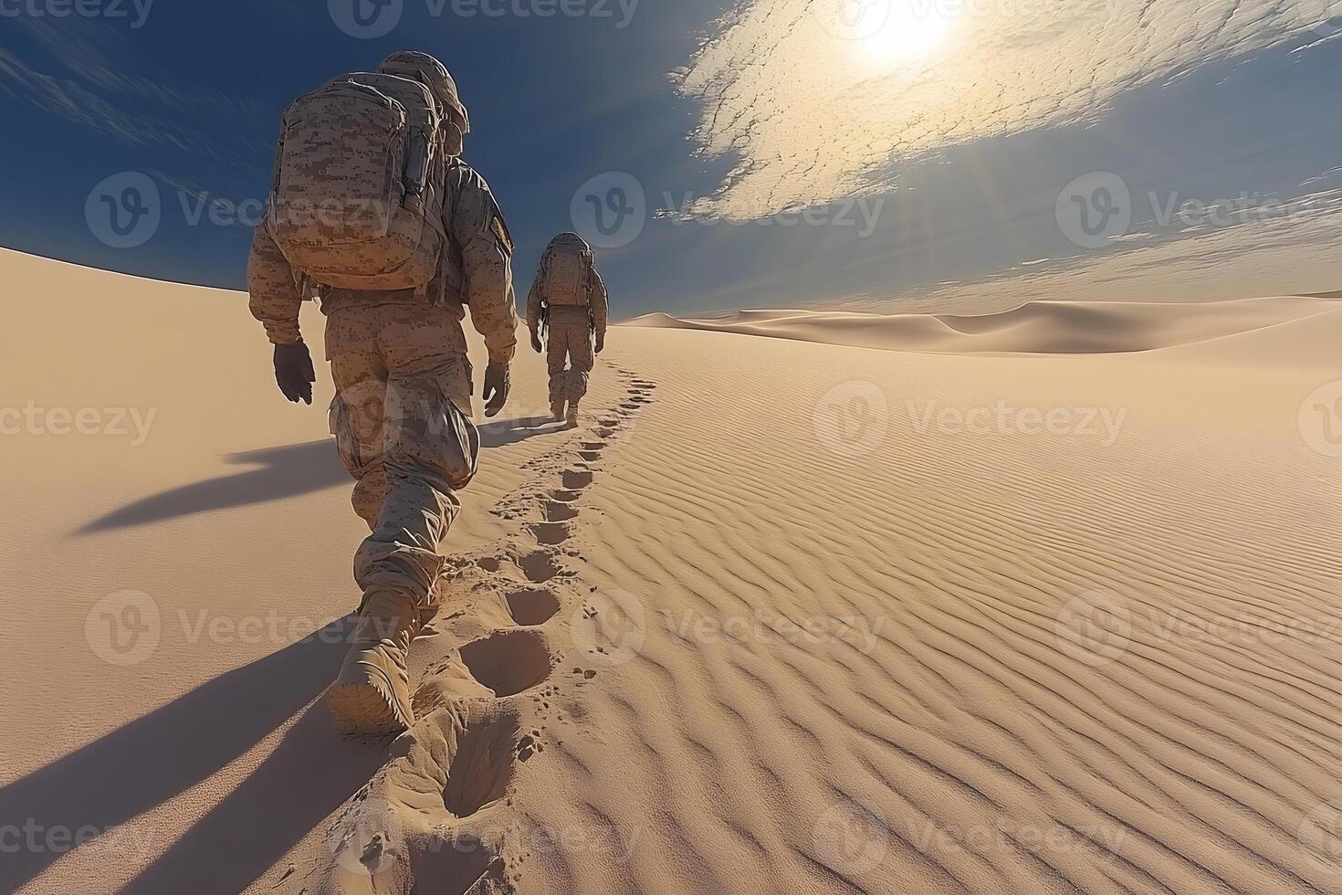Soldiers in Desert Landscape Under Sunlit Sky - Adventure, Travel, and Military Exploration photo