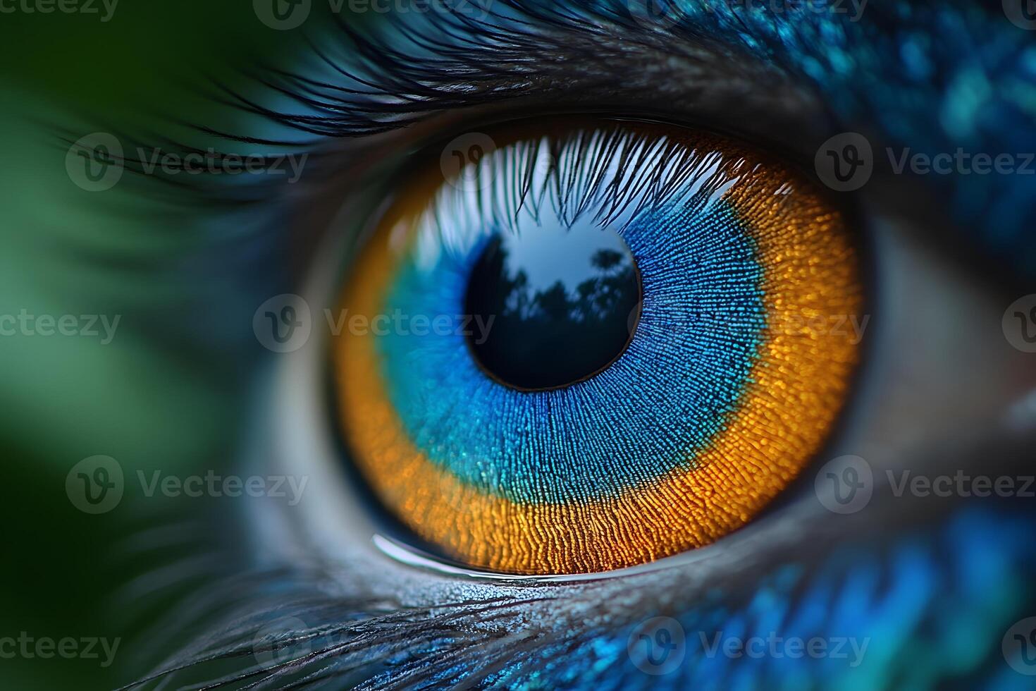 Vivid Close-Up of a Peacock's Eye with Intricate Details and Vivid Colors photo