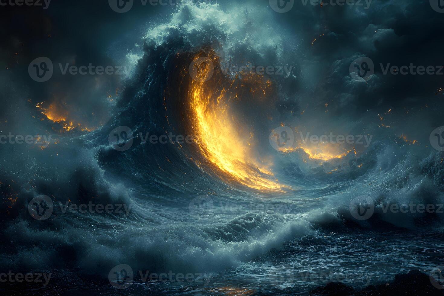 Dramatic Fiery Ocean Wave Under Stormy Sky - Nature's Power and Beauty photo
