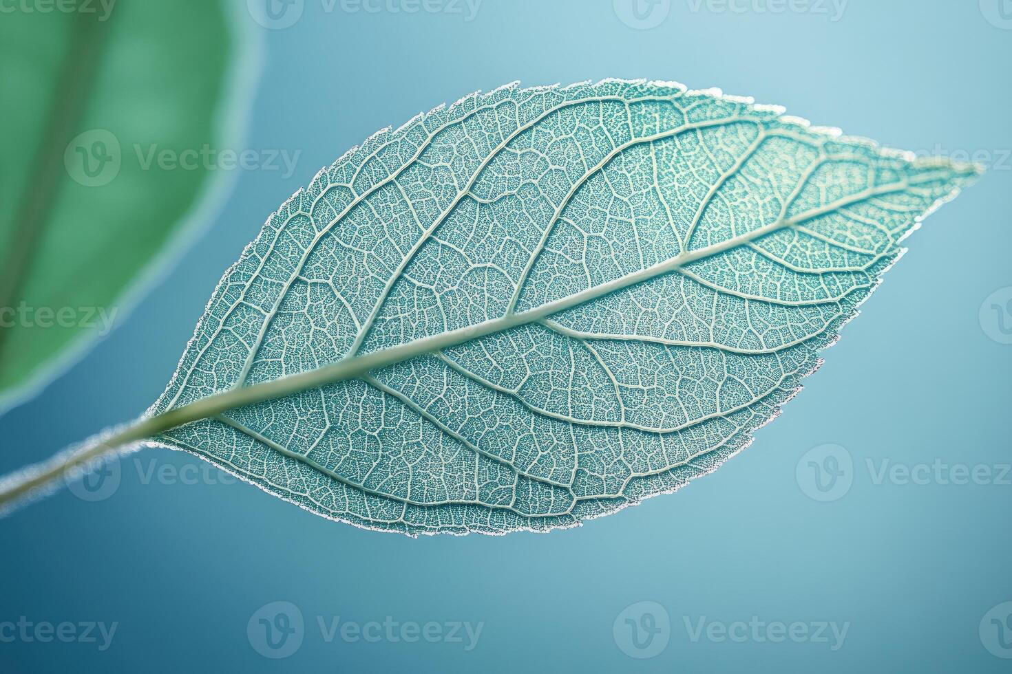 Close-up of translucent leaf showing intricate vein structure on blue background photo