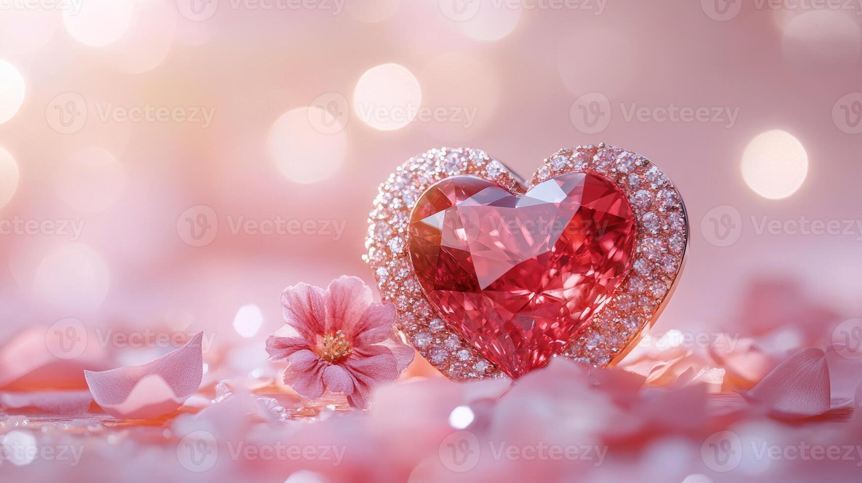 Pink heart-shaped diamond pendant setting on rose petals symbolizing love and romance photo