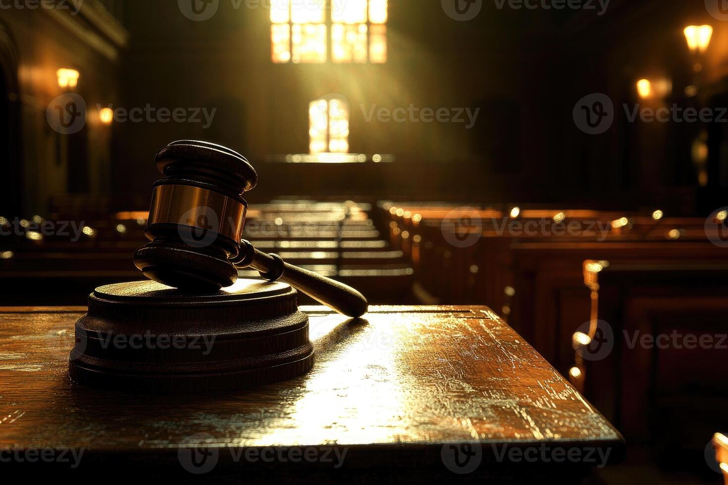 Gavel resting on judge's bench in empty courtroom with sunlight streaming through window photo