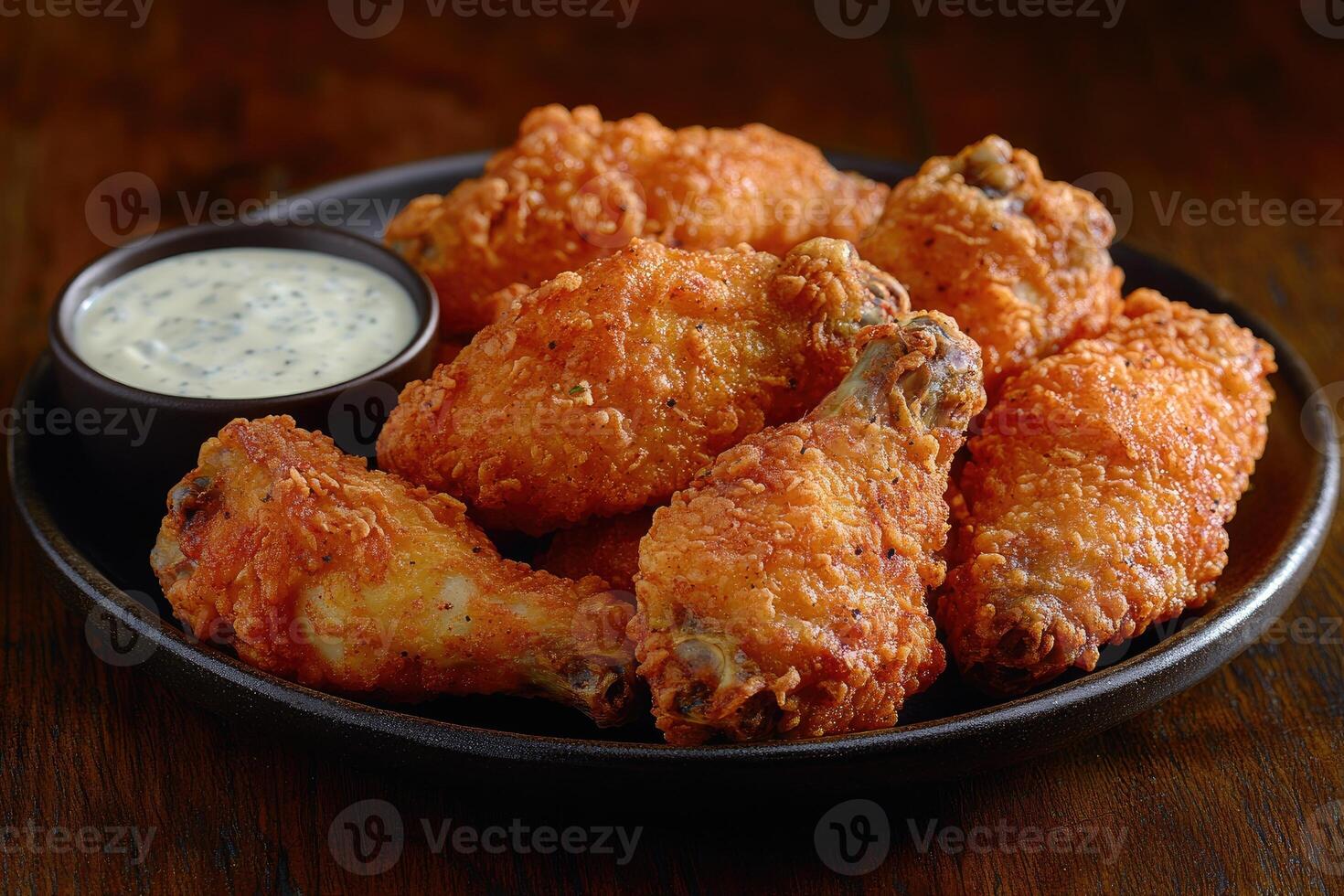 Crispy fried chicken wings with dipping sauce on dark plate photo