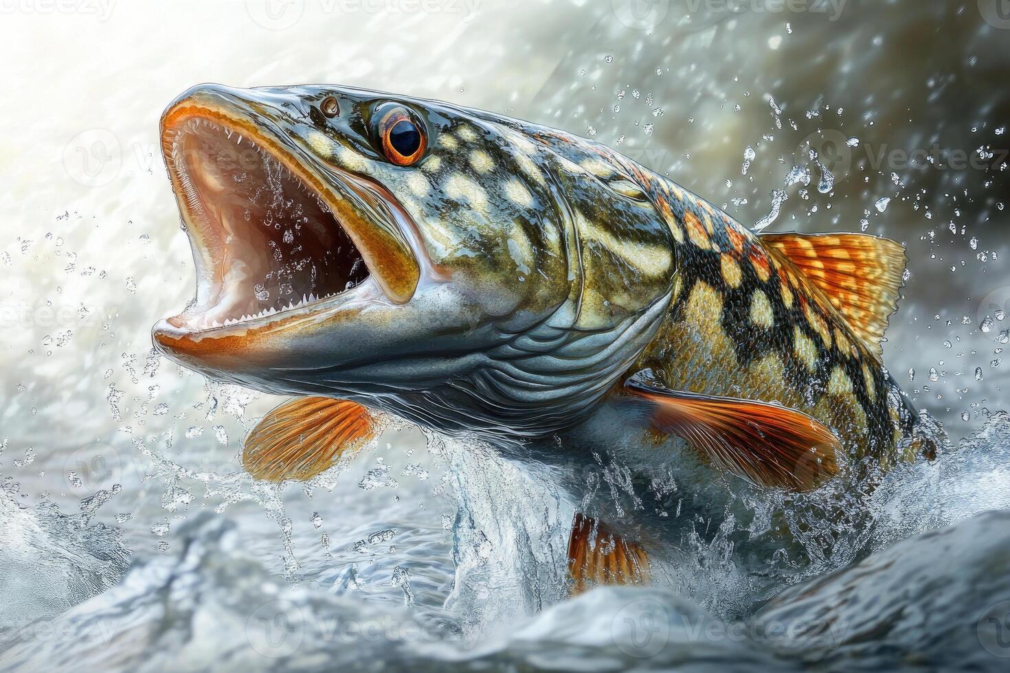 Brook trout jumping out of fresh water with open mouth photo