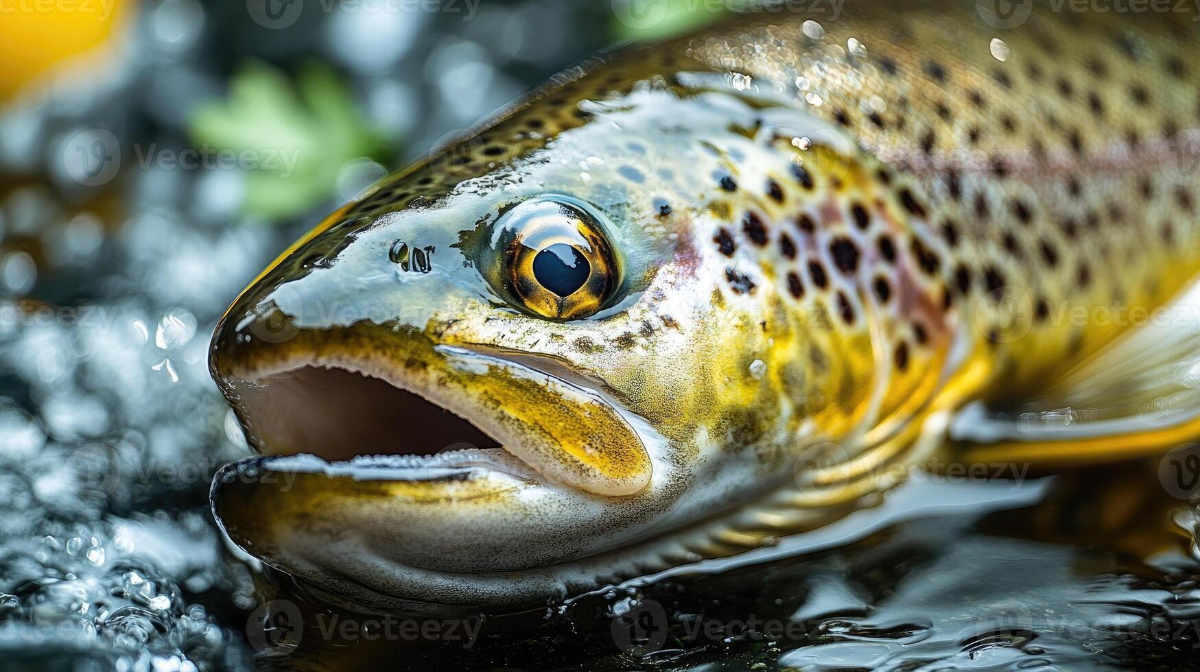 Brown trout breathing in shallow water with open mouth photo