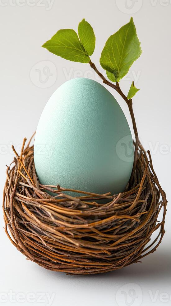 Light green egg resting in bird nest with small branch and leaves photo