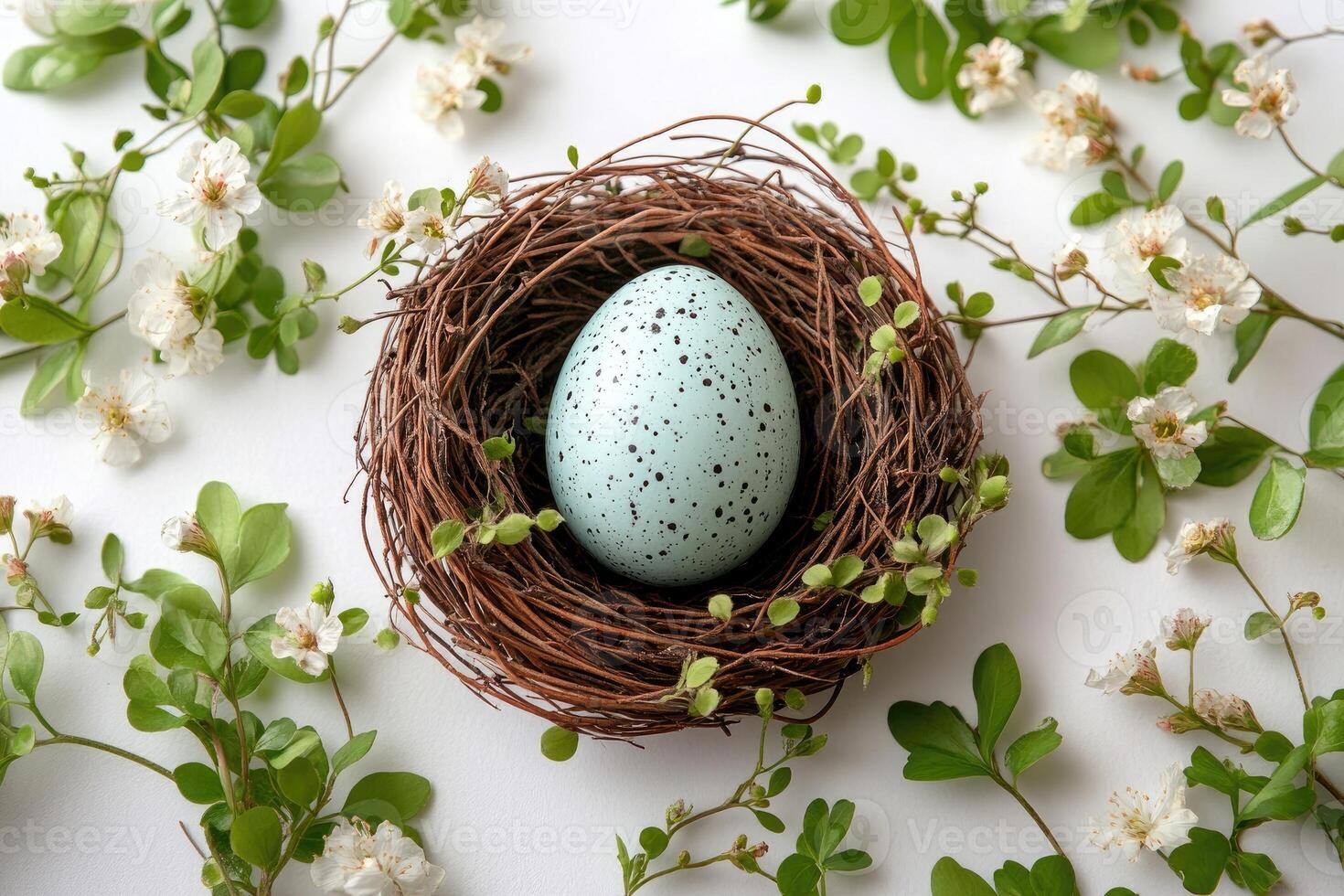 Light blue easter egg lying in a nest surrounded by flowers and green leaves photo