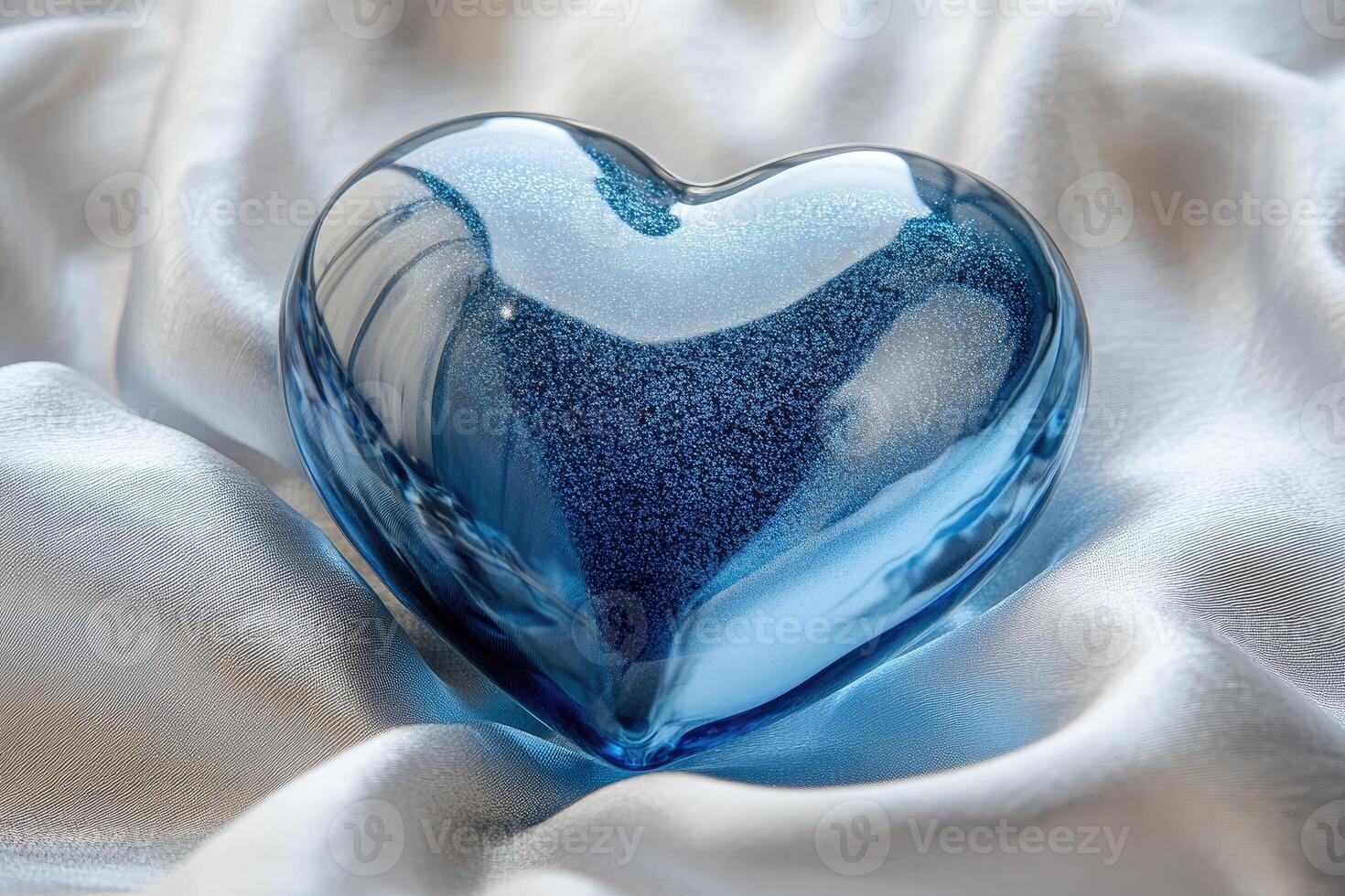 Blue glass heart resting on soft satin fabric photo