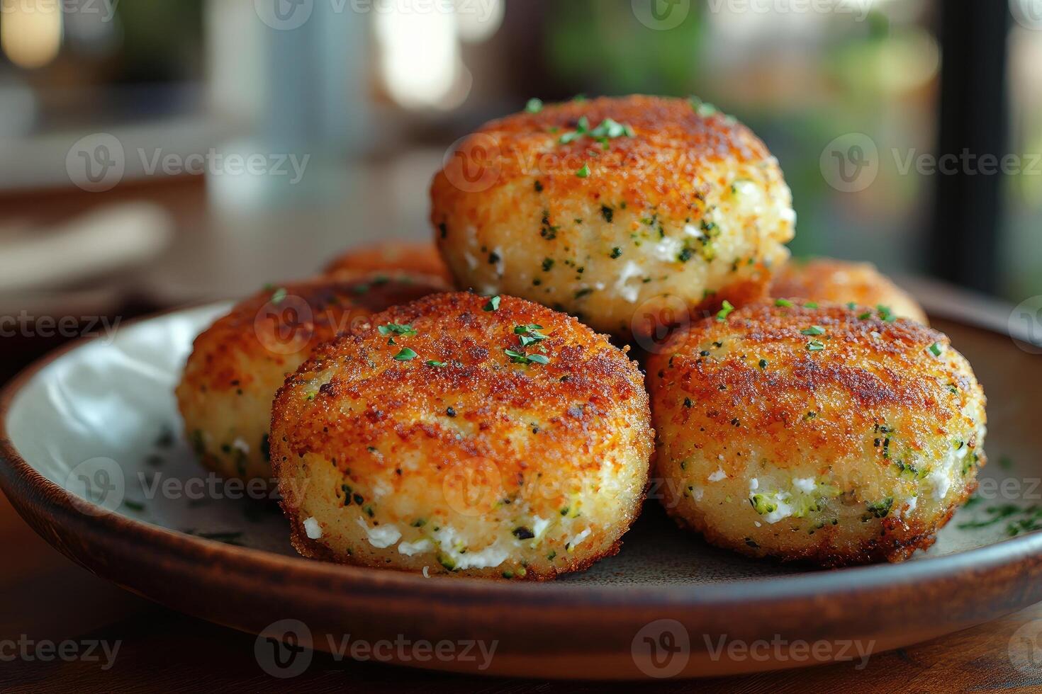 Delicious breaded potato croquettes with broccoli and cheese resting on a plate photo