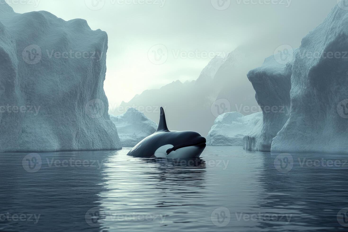 Orca surfacing between icebergs in arctic waters photo