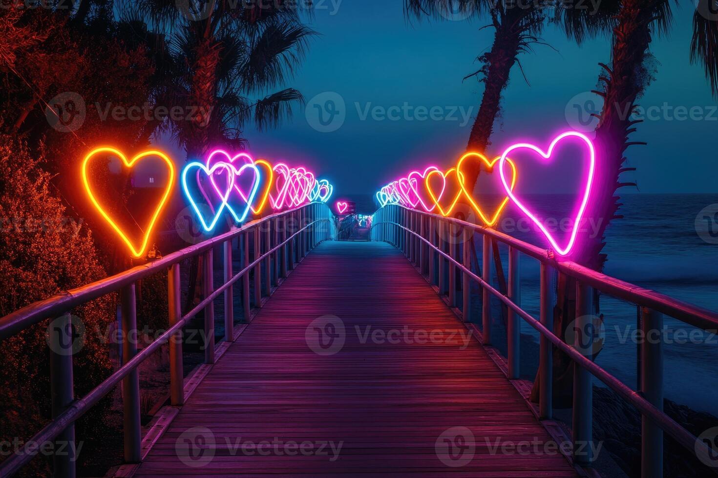 Wooden pier with neon heart lights leading to the ocean at twilight photo
