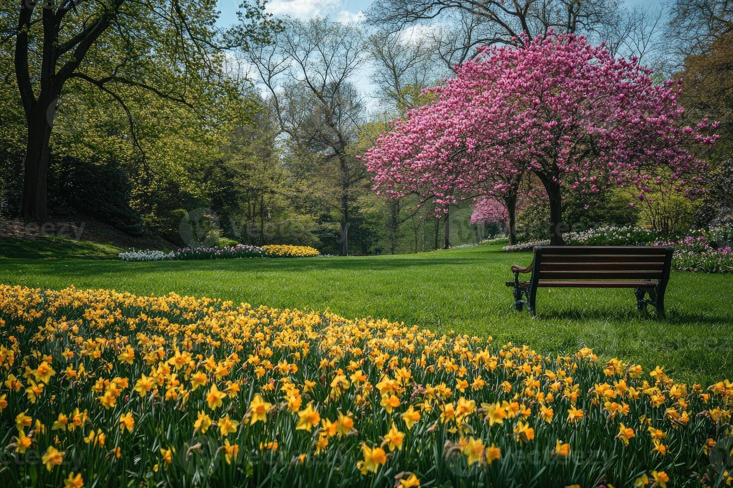 Blooming pink tree and yellow daffodils creating stunning spring landscape in park photo