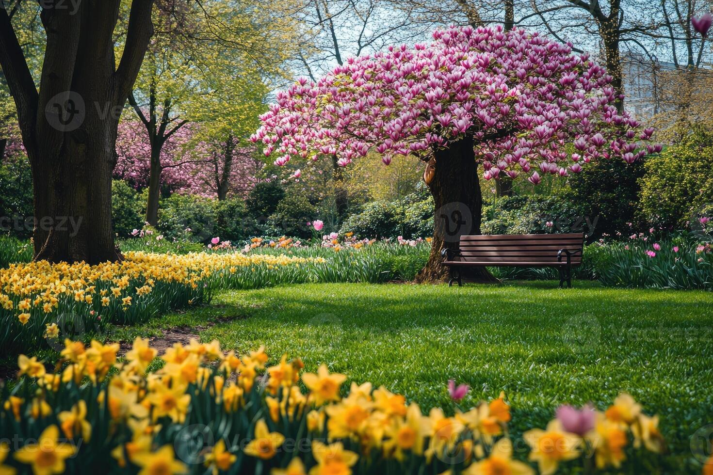 Blooming magnolia tree and daffodils creating stunning spring landscape in park photo