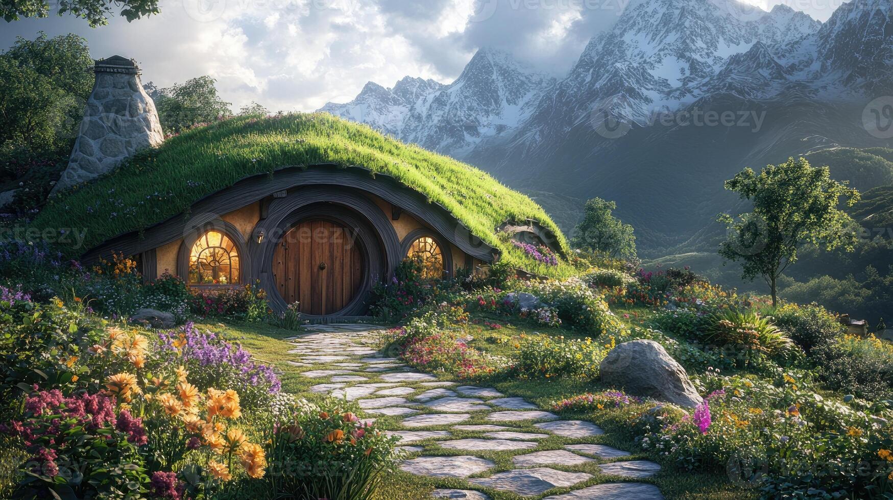 Cozy hobbit house nestled in a blooming mountain valley at sunrise photo