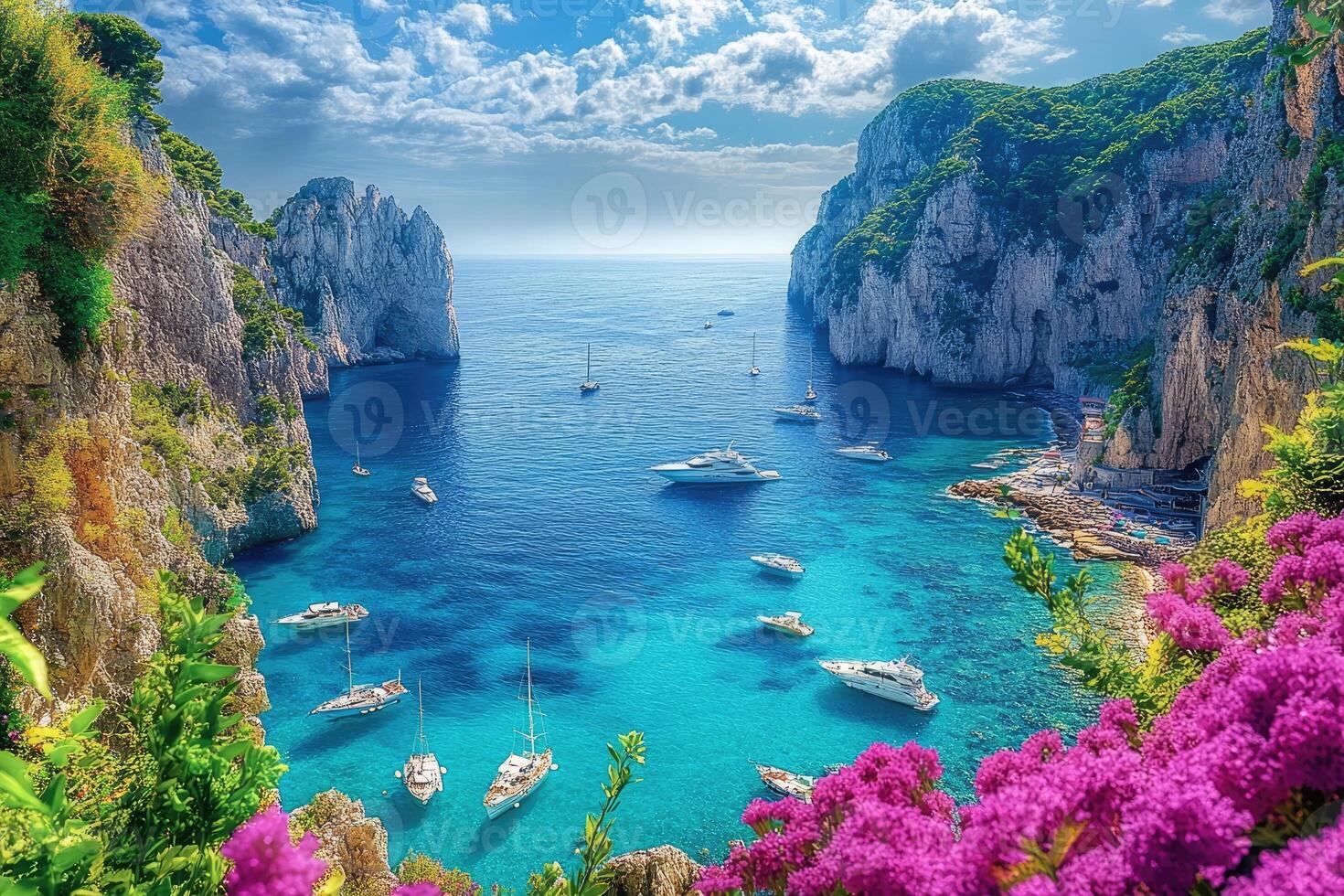 Capri island, italy. Amazing view of yachts and boats floating on turquoise water with colorful flowers in foreground photo