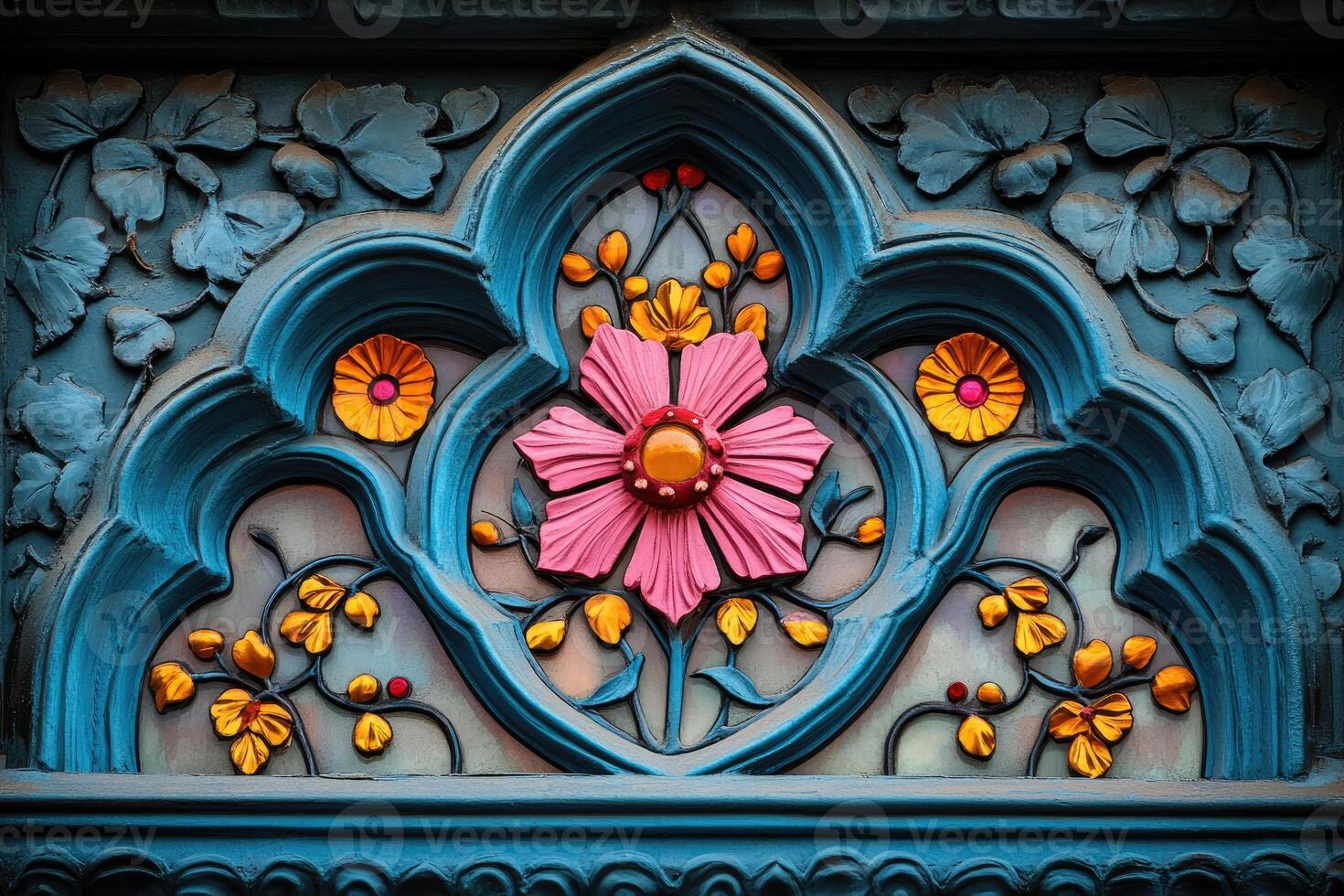 Pink flower blooming in ornate blue frame with gold accents photo