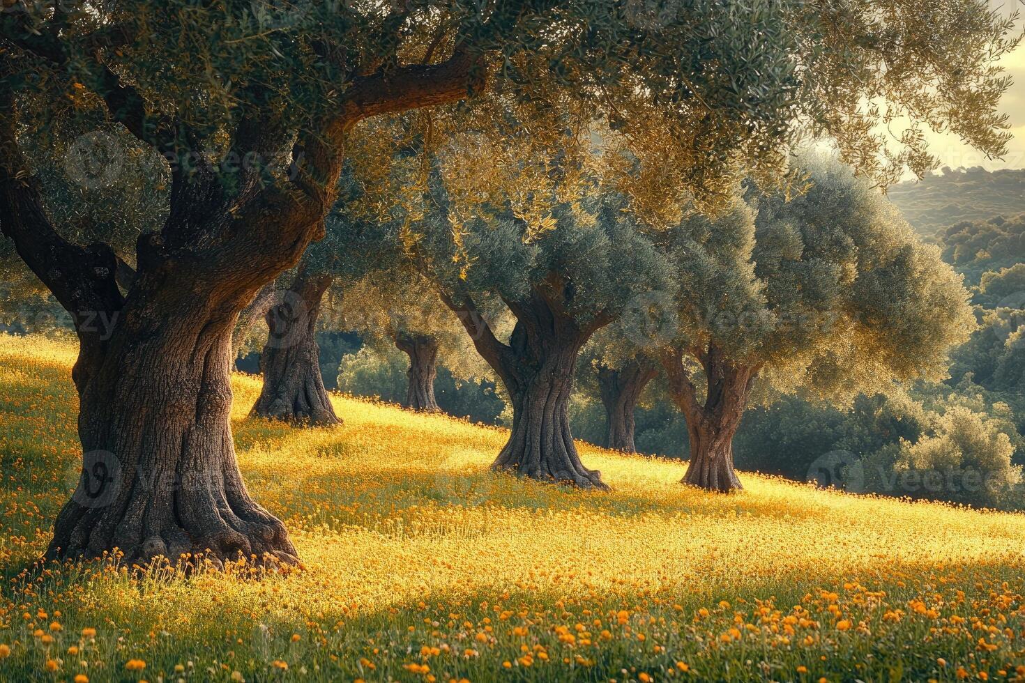 Olive trees growing in a field of yellow flowers at sunset photo