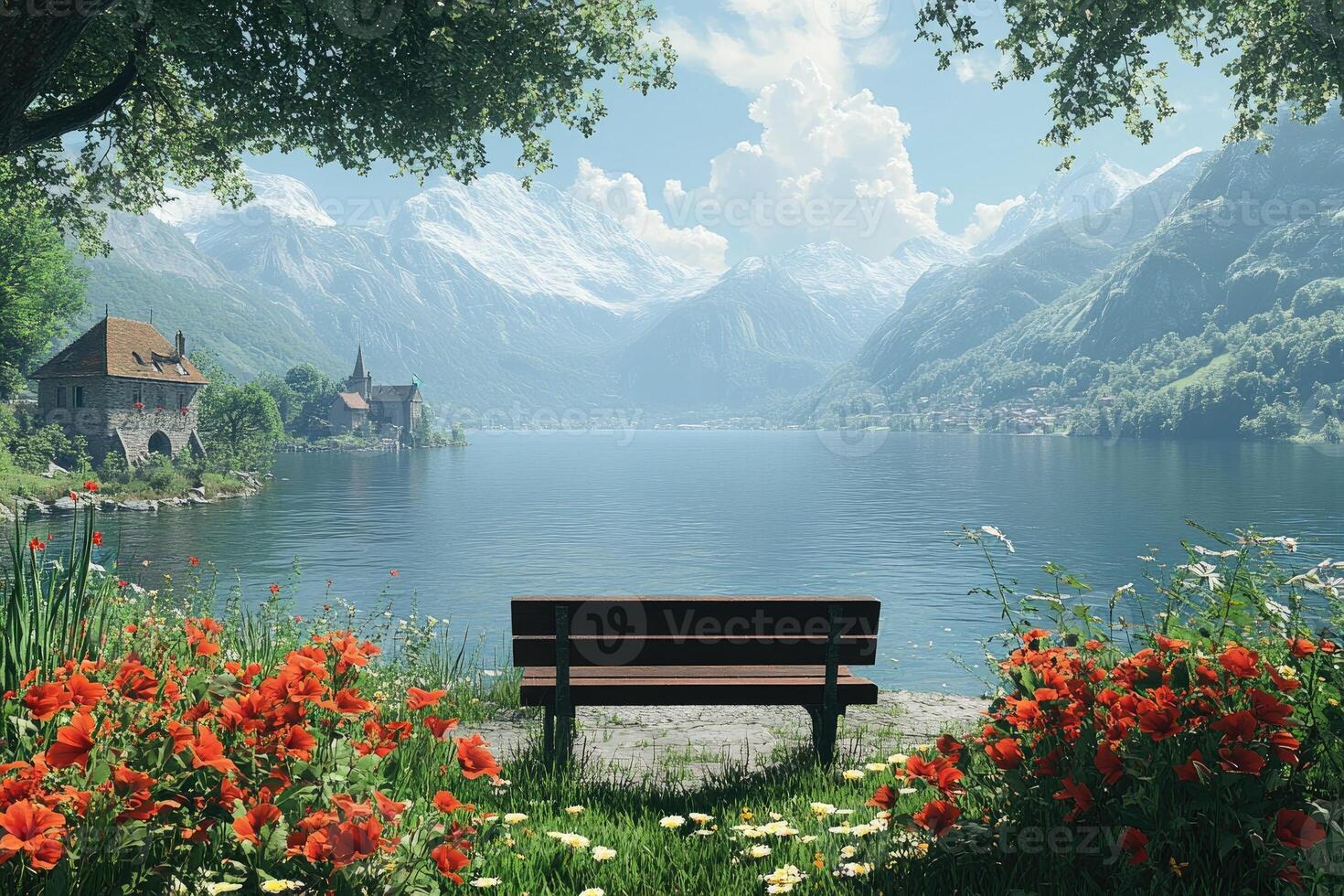 Empty bench overlooking picturesque lake and mountain view in switzerland photo